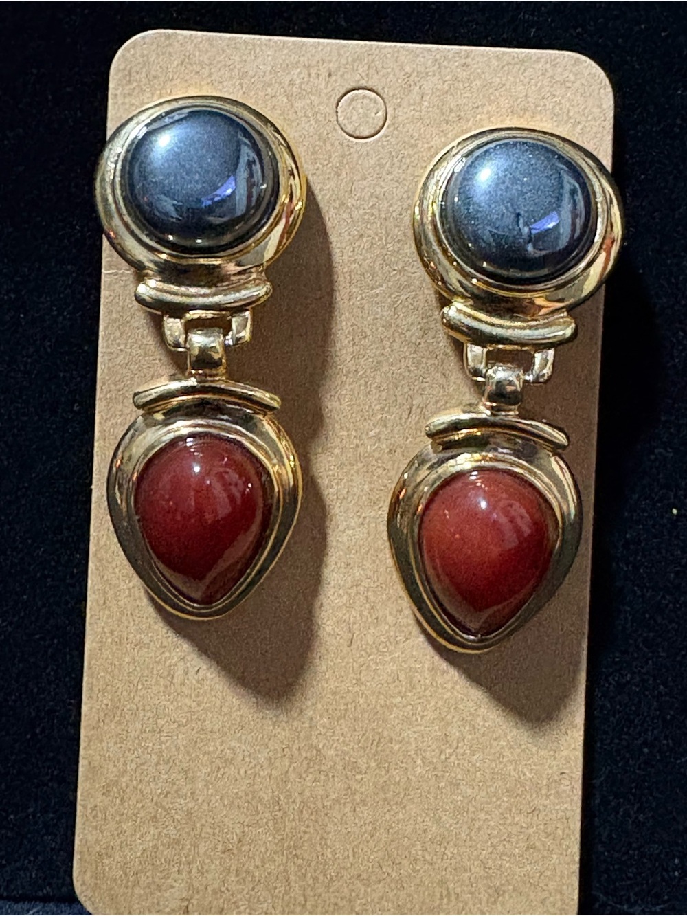 Vintage Francesca Romana Hematite Carnelian Clip-On Statement Earrings